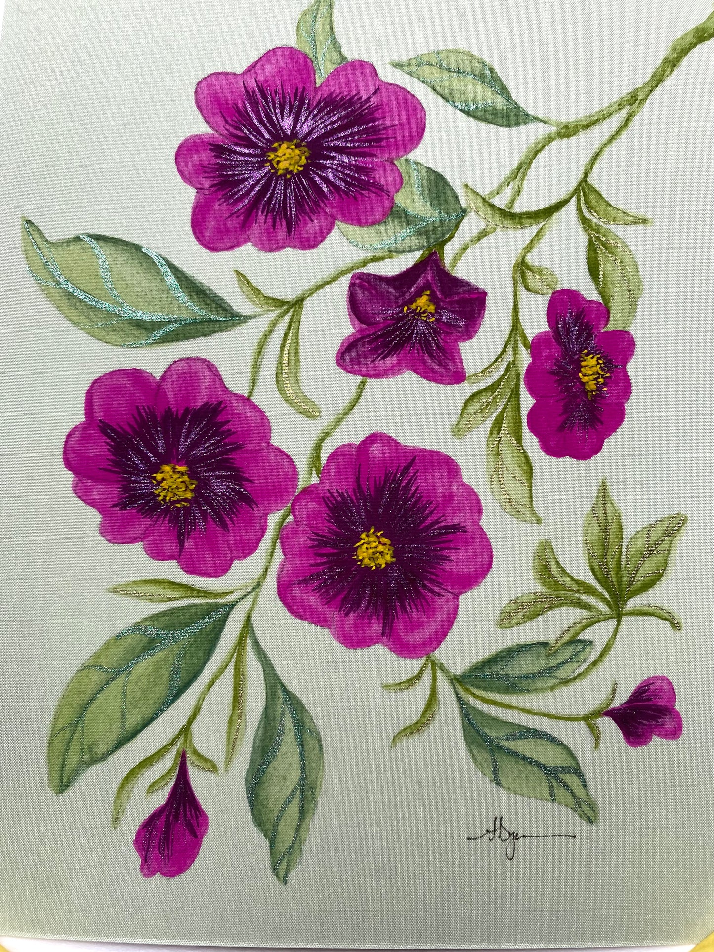 Artistic illustration of purple flowers with green leaves on a light background