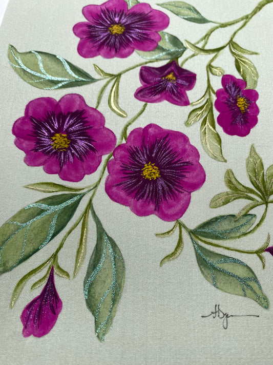 Decorative design of purple flowers with green leaves on a light background
